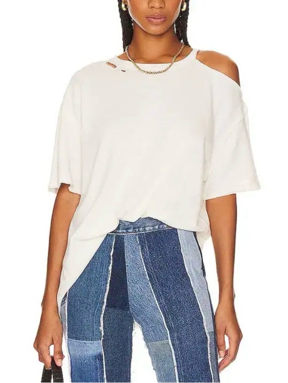 We The Free FP Saturn Off-Shoulder Distressed Oversized Top in Cream Size S